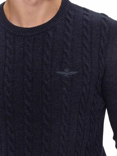Aeronautica Militare Maglione Blu Uomo, Lana Sc-50% , Girocollo, Trecce, Stile Militare
