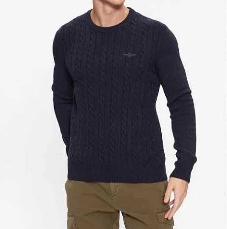 Aeronautica Militare Maglione Blu Uomo, Lana Sc-50% , Girocollo, Trecce, Stile Militare