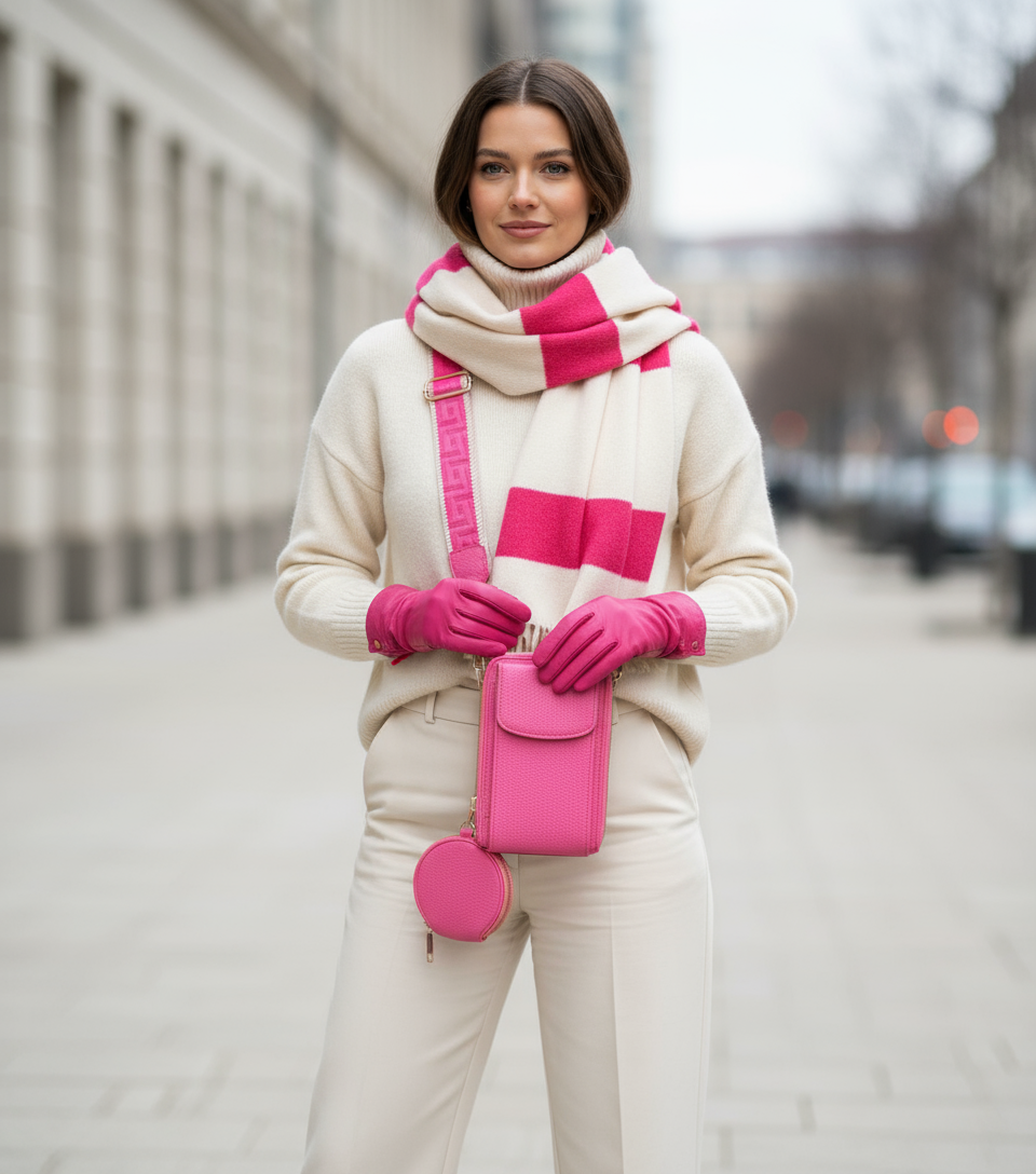 Tracollina fucsia con portamonete indossata a tracolla con outfit invernale
