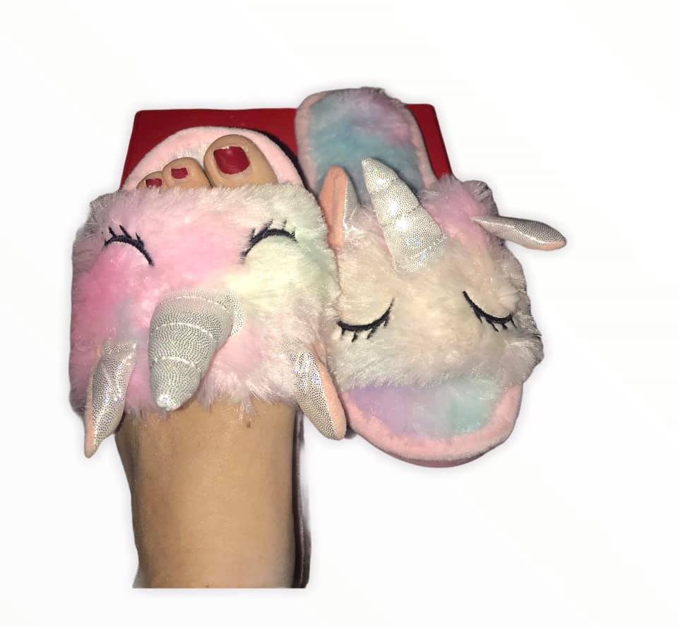 Pantofole Unicorno Arcobaleno - Ciabatte Donna Aperte Peluche Multicolore