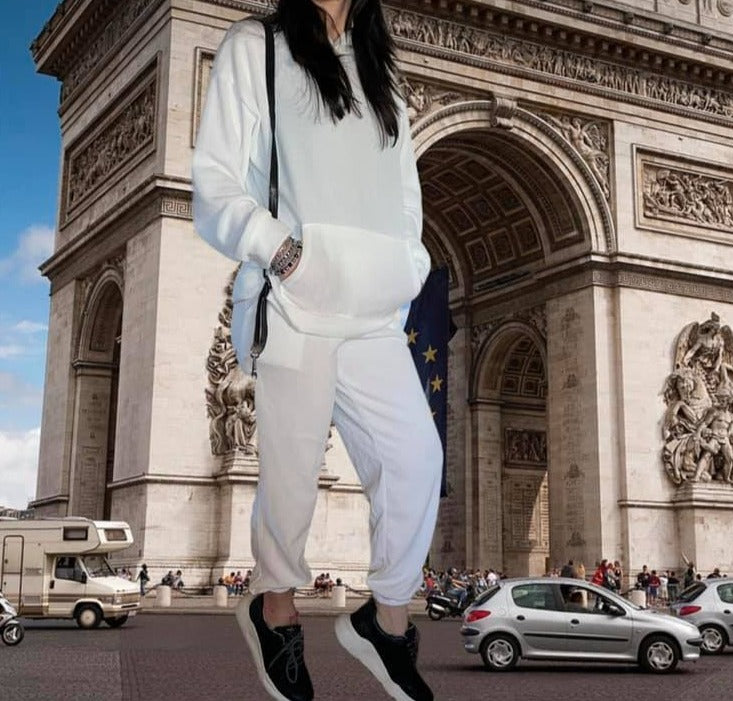 Tuta Donna colore bianco in cotone felpa con tasche e pantalone sc-50%