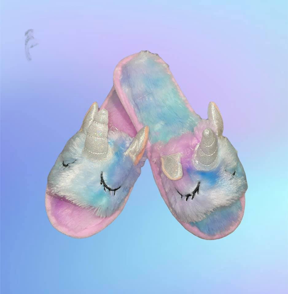 Pantofole Unicorno Arcobaleno - Ciabatte Donna Aperte Peluche Multicolore