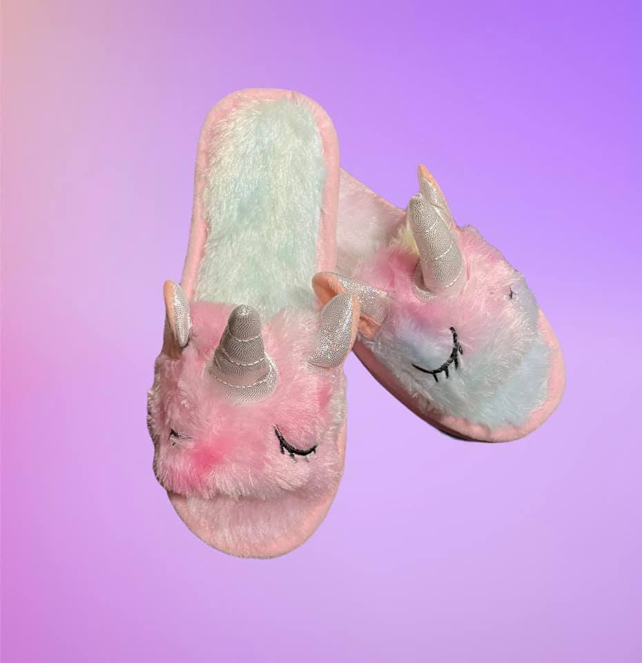 Pantofole Unicorno Arcobaleno - Ciabatte Donna Aperte Peluche Multicolore