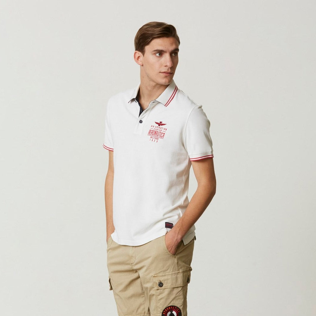 Polo Uomo Bianca Aeronautica Militare Inserti Rossi - Cotone 100% Manica Corta Made in Italy