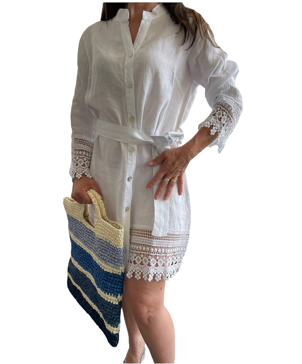Vestito Donna corto in lino Bianco Sc-50%  abito Stile Positano Cashmere Company