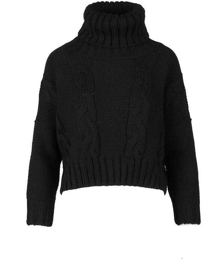 Maglia donna dolcevita nero trecce collo alto in lana Cashmere Company Made in Italy