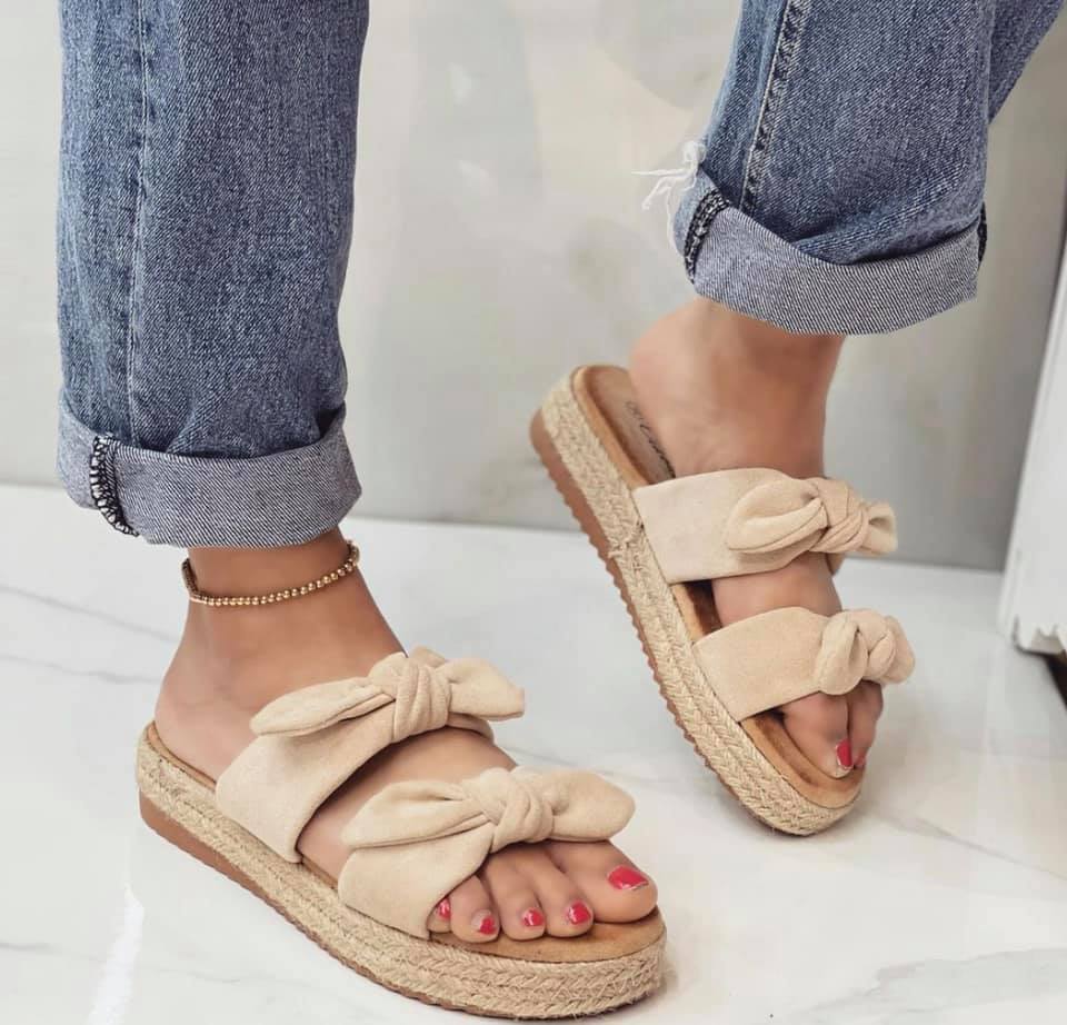 Sandali Donna Zeppa Scamosciati Beige con Fiocchi Estate 2024