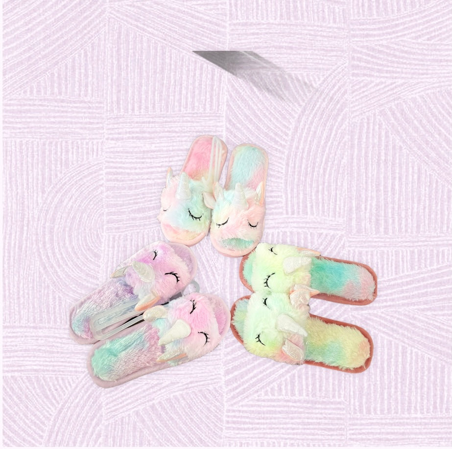 Pantofole Unicorno Arcobaleno - Ciabatte Donna Aperte Peluche Multicolore