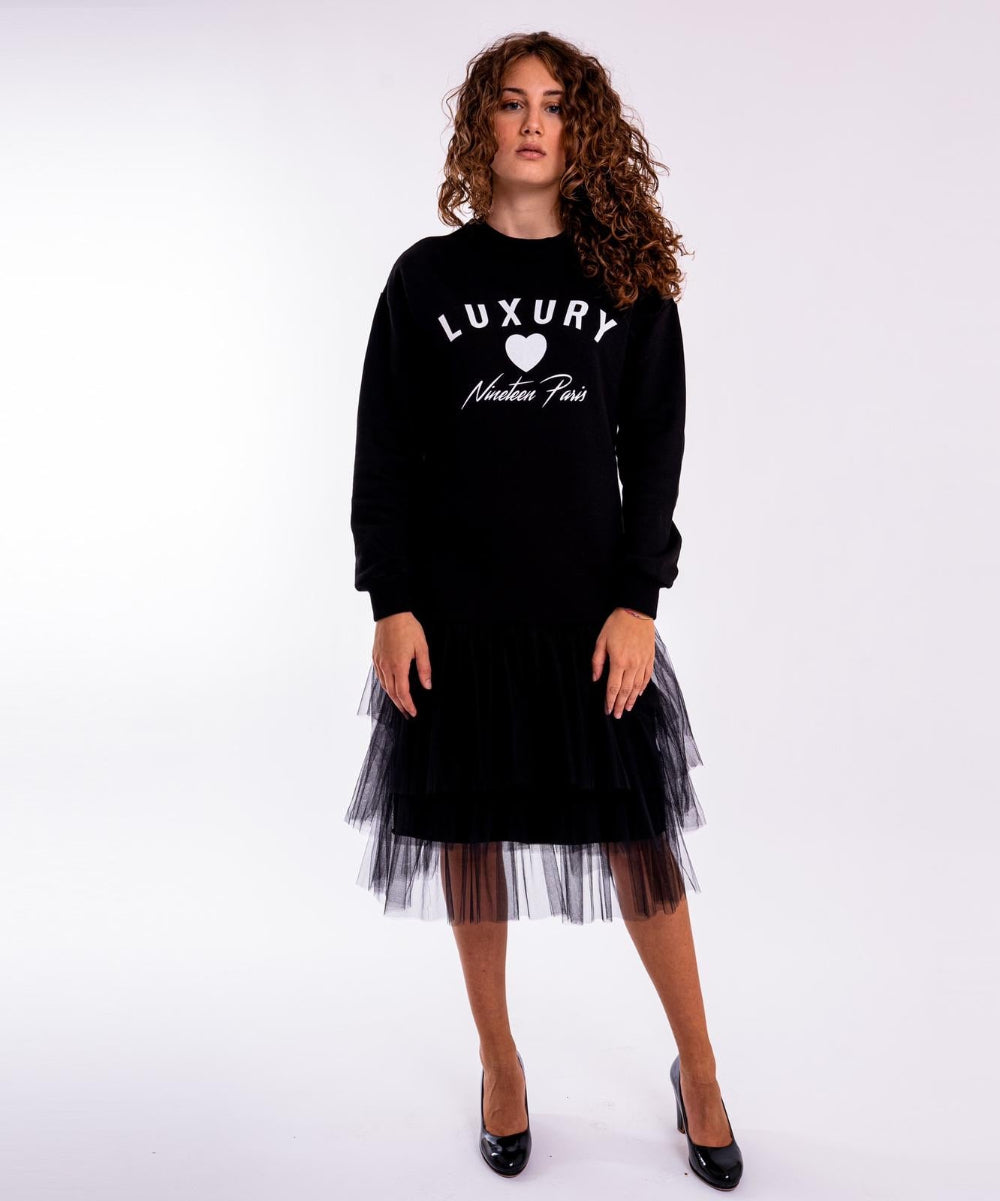 Abito Felpa Donna Nero con Tulle Luxury | Vestito Cotone Made in Italy | Sconto 50%