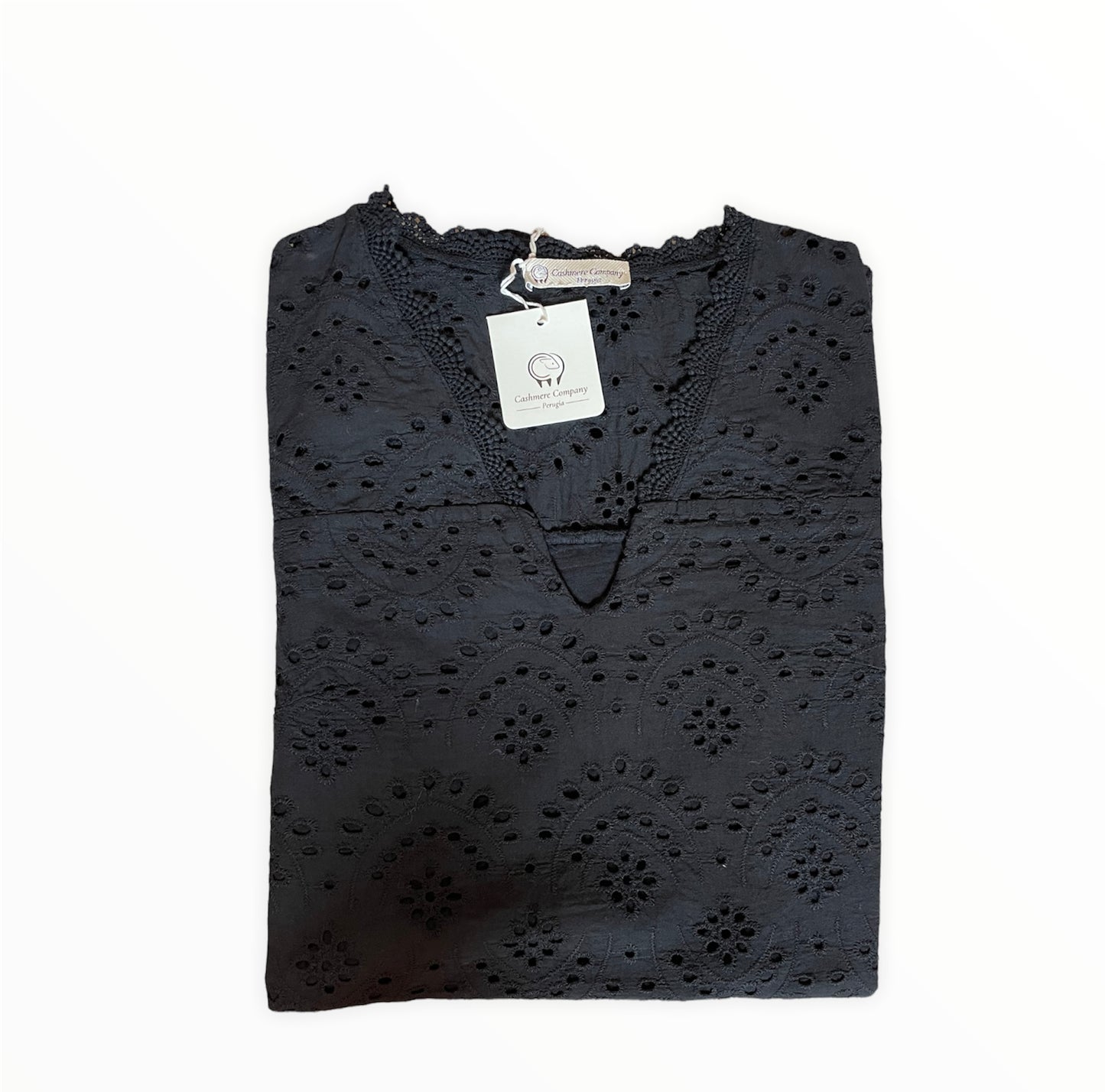 Vestito donna corto nero stile Positano in Pizzo San Gallo Cashmere Company