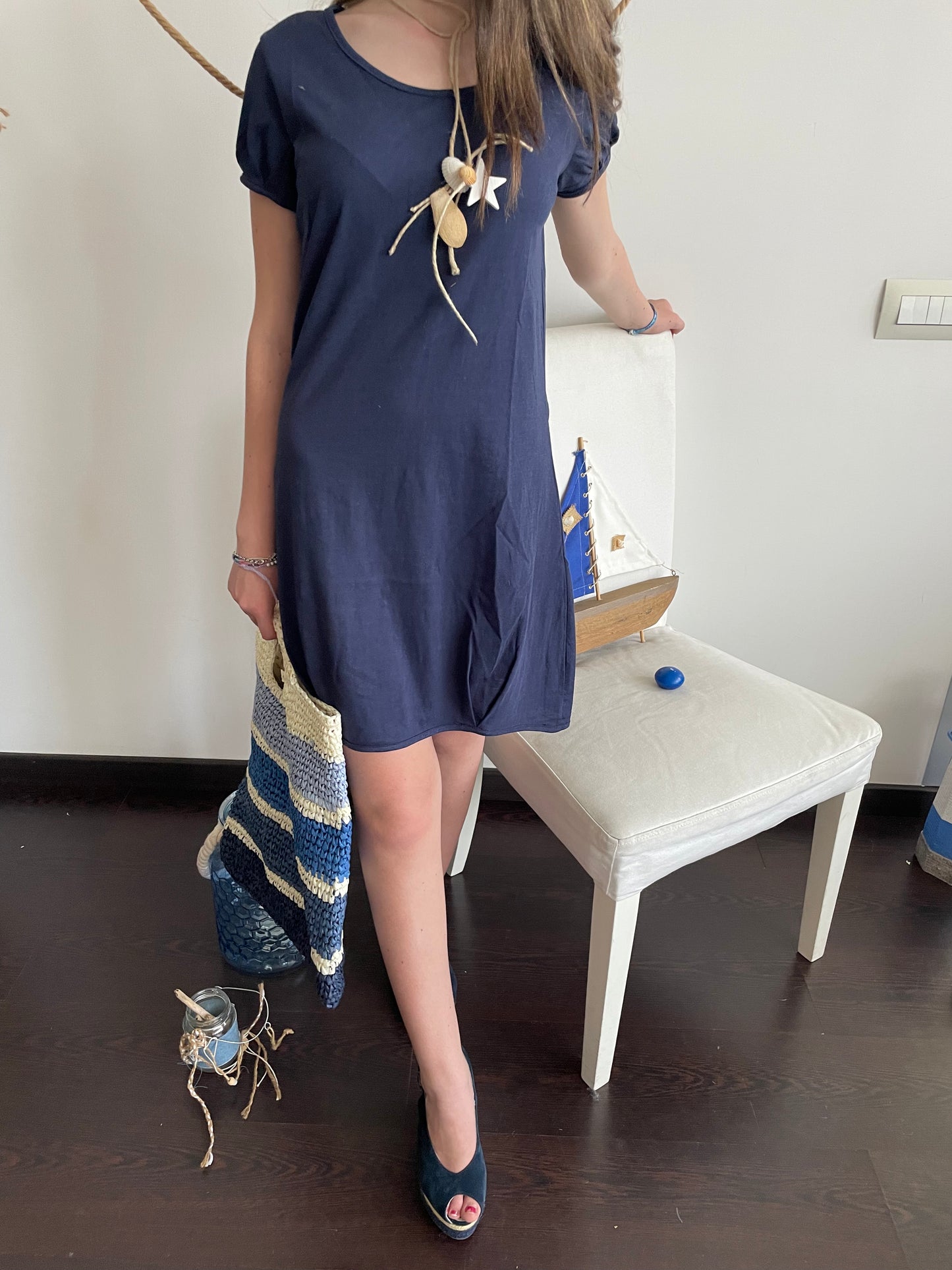 Vestito donna corto abito Stile Positano lino e cotone SC-50% viola o blu Cashmere Company