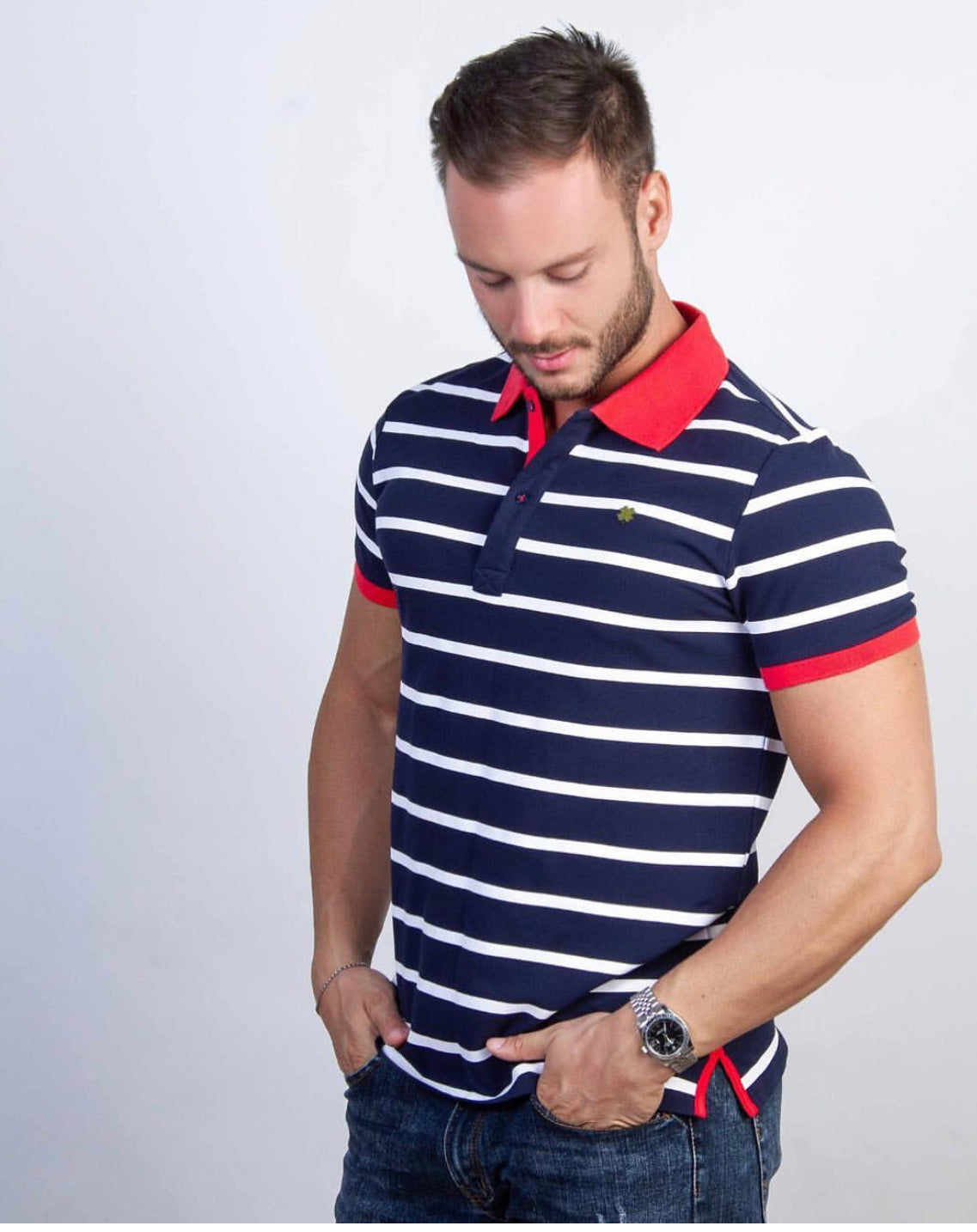 Polita t-shirt Polo uomo maglietta colore blu a righe cotone mezza manica