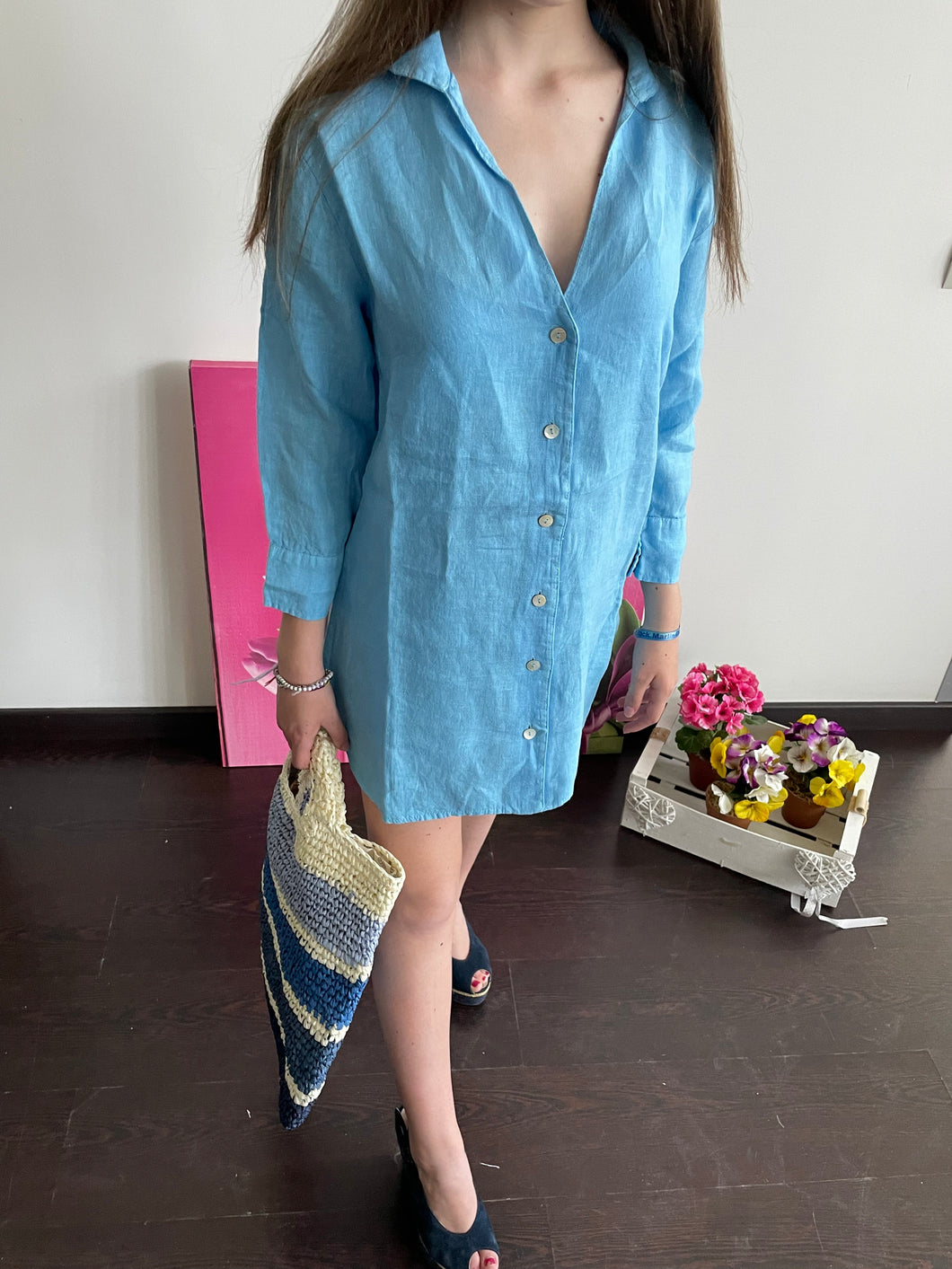 Camicia donna in Lino sc-50% avvitata Colore Azzurro o Fuxia Cashmere Company  Made in Italy
