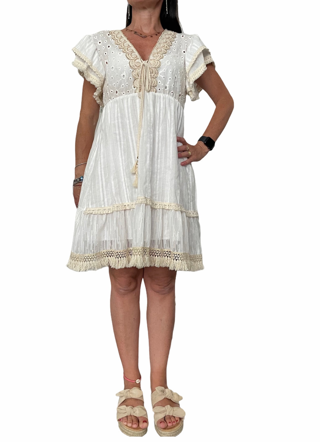 Vestito donna Abito sc-50% corto Stile Positano colore bianco Made in Italy