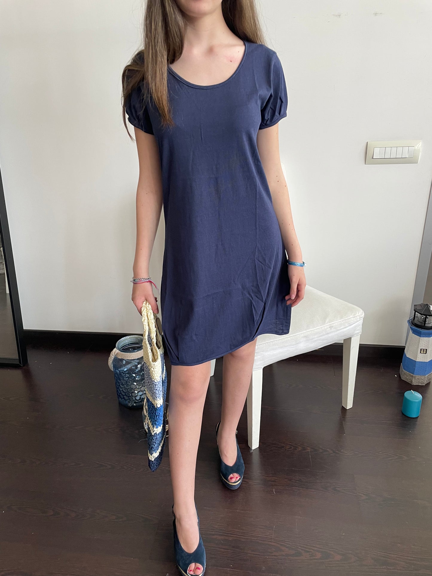 Vestito donna corto abito Stile Positano lino e cotone SC-50% viola o blu Cashmere Company