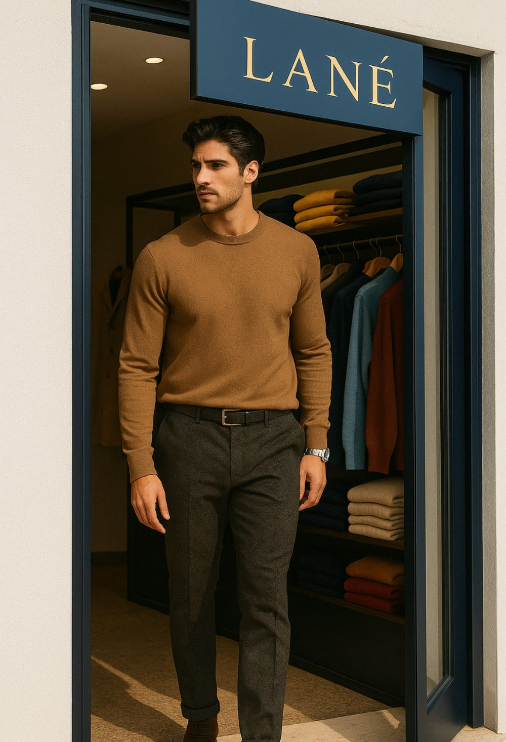 Lané maglia uomo camel girocollo Cashmere e Lana Made in Italy