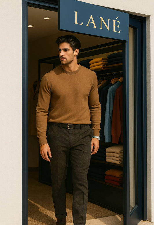 Lané maglia uomo camel girocollo Cashmere e Lana Made in Italy