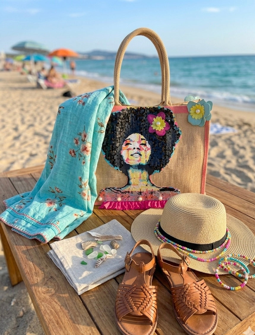 Borsa in Yuta Fatta a Mano con Decorazioni Artigianali – Doppio Manico, Spiaggia e Mare
