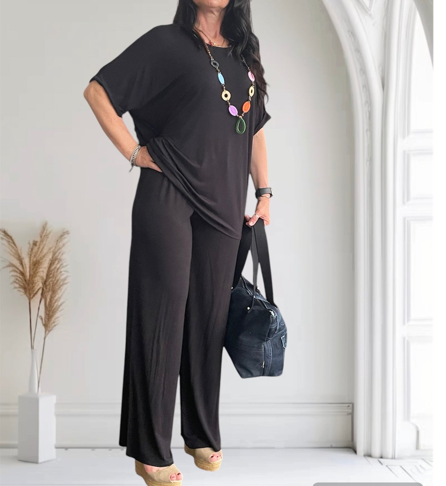 Tuta donna in cotone di viscosa estiva completo maglia girocollo e pantalone a palazzo