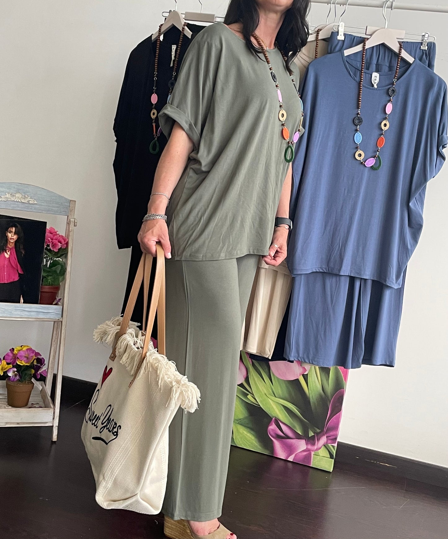 Tuta donna in cotone di viscosa estiva completo maglia girocollo e pantalone a palazzo