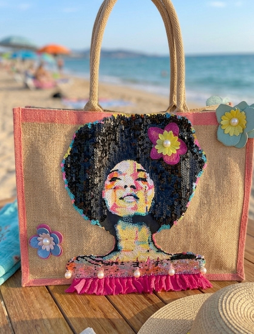Borsa in Yuta Fatta a Mano con Decorazioni Artigianali – Doppio Manico, Spiaggia e Mare