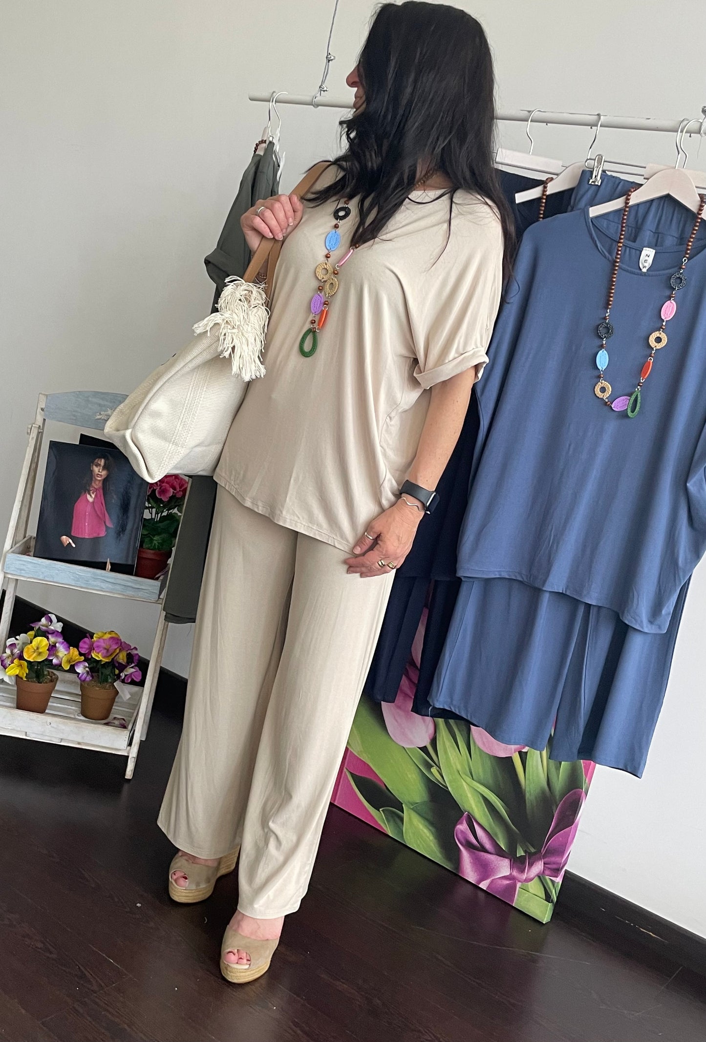 Tuta donna in cotone di viscosa estiva completo maglia girocollo e pantalone a palazzo