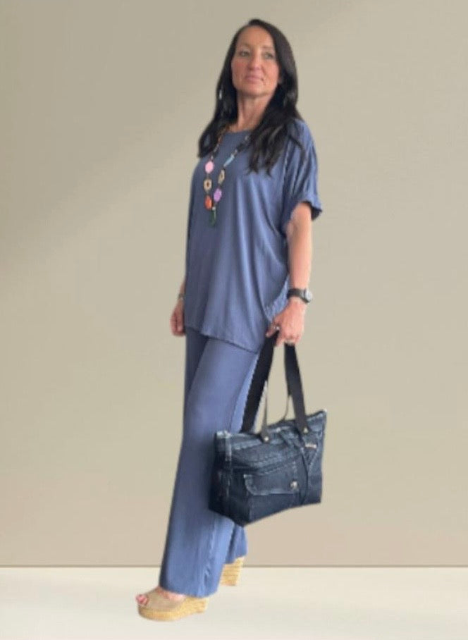 Tuta donna in cotone di viscosa estiva completo maglia girocollo e pantalone a palazzo