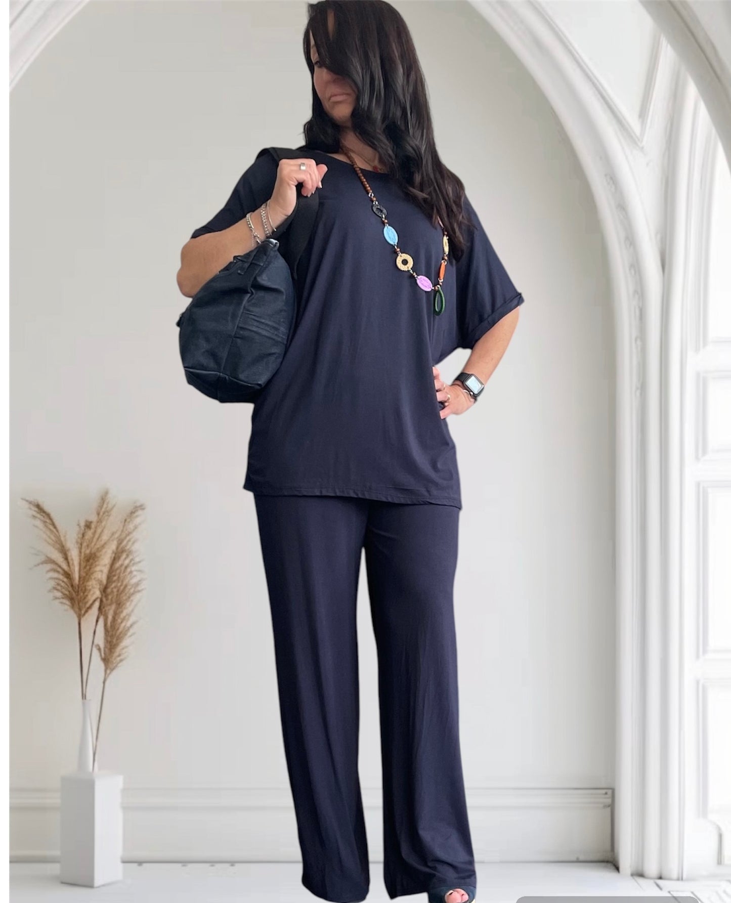 Tuta donna in cotone di viscosa estiva completo maglia girocollo e pantalone a palazzo