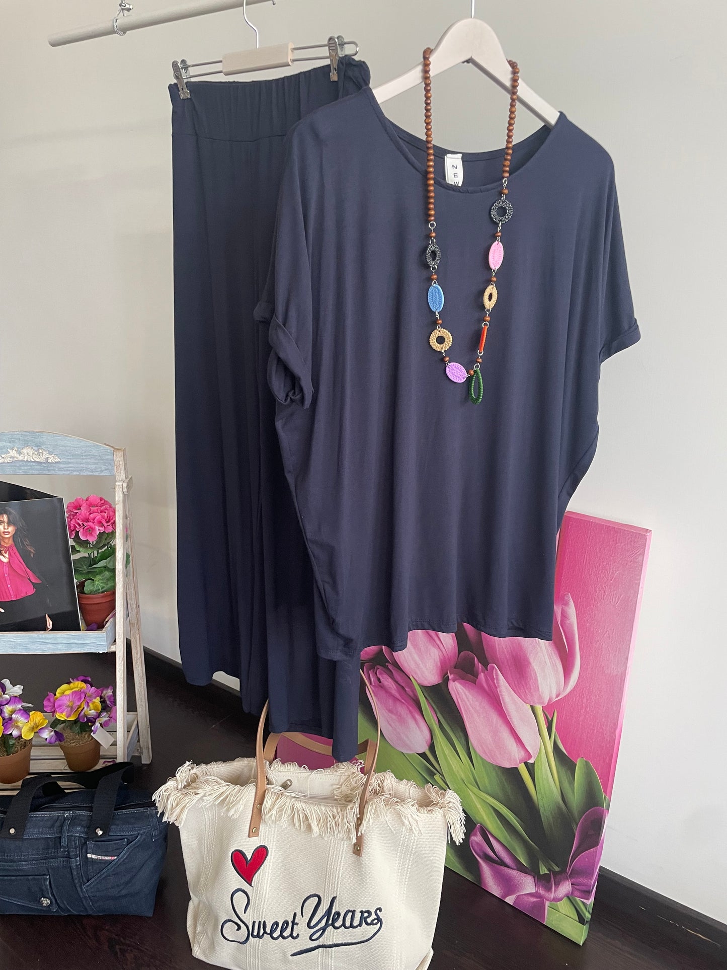 Tuta donna in cotone di viscosa estiva completo maglia girocollo e pantalone a palazzo