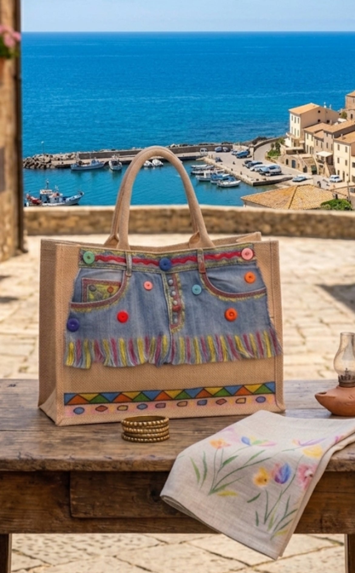Borsa in Yuta Fatta a Mano con Decorazioni Artigianali – Doppio Manico, Spiaggia e Mare
