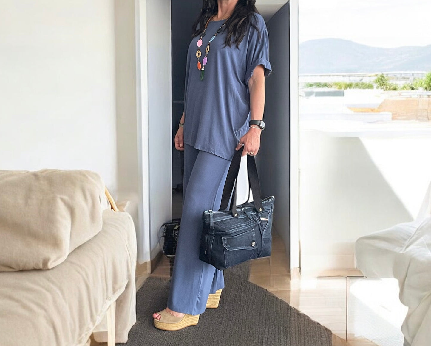 Tuta donna in cotone di viscosa estiva completo maglia girocollo e pantalone a palazzo