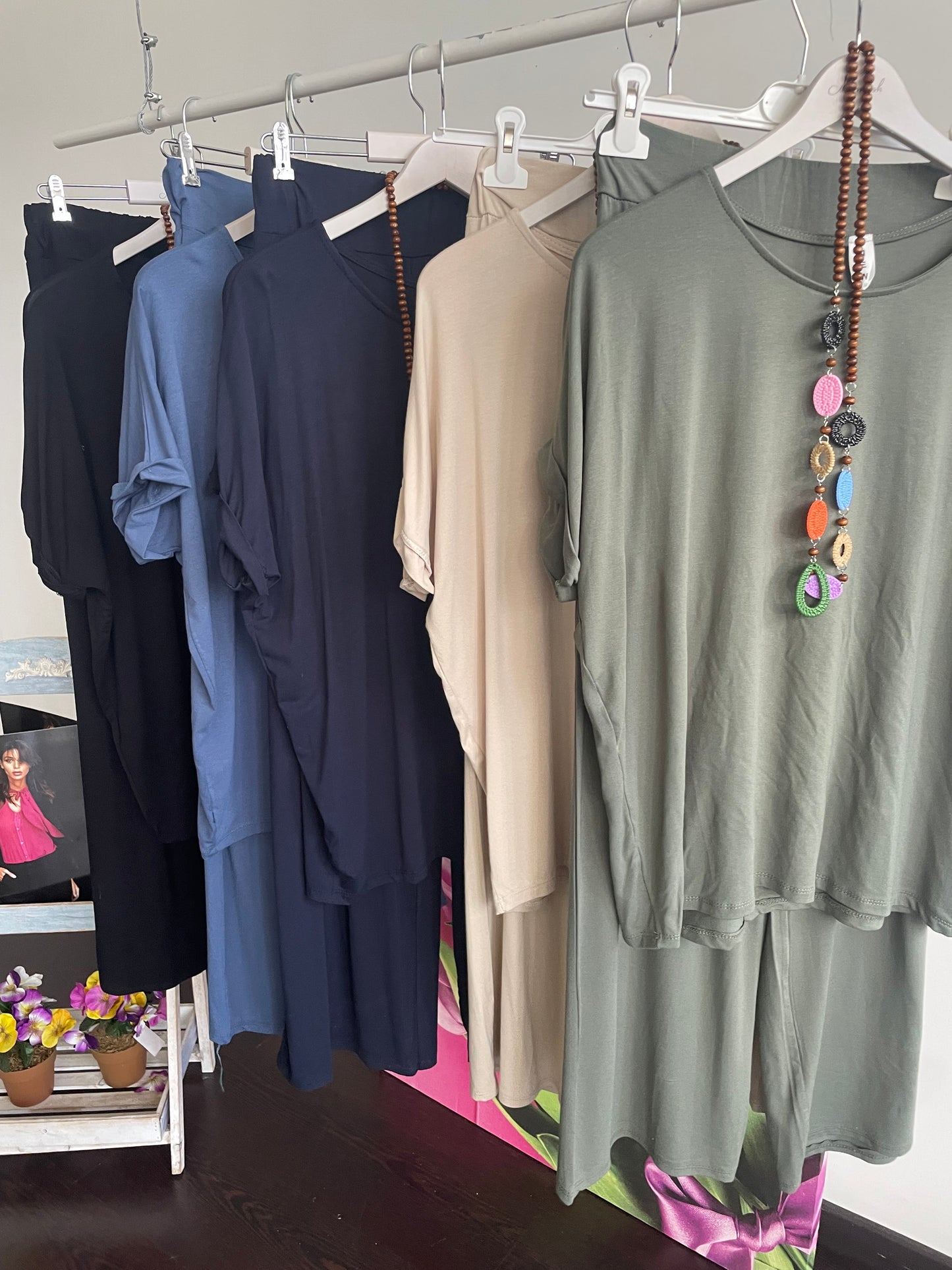 Tuta donna in cotone di viscosa estiva completo maglia girocollo e pantalone a palazzo