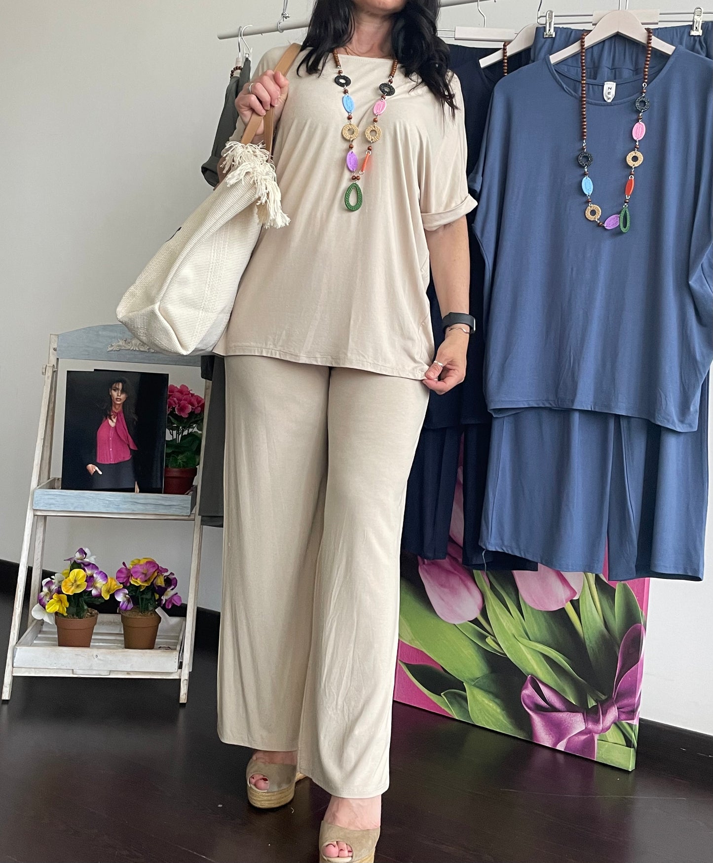 Tuta donna in cotone di viscosa estiva completo maglia girocollo e pantalone a palazzo