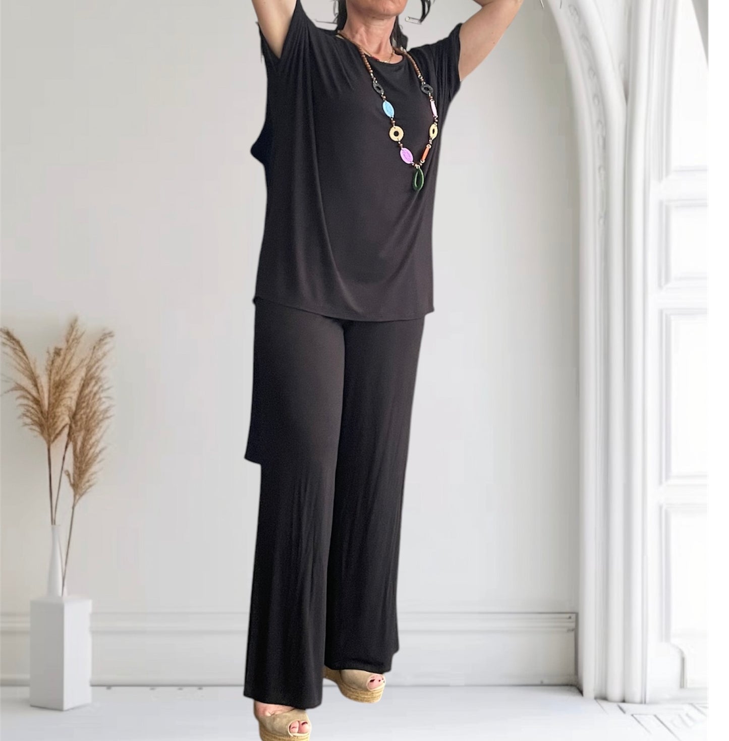 Tuta donna in cotone di viscosa estiva completo maglia girocollo e pantalone a palazzo