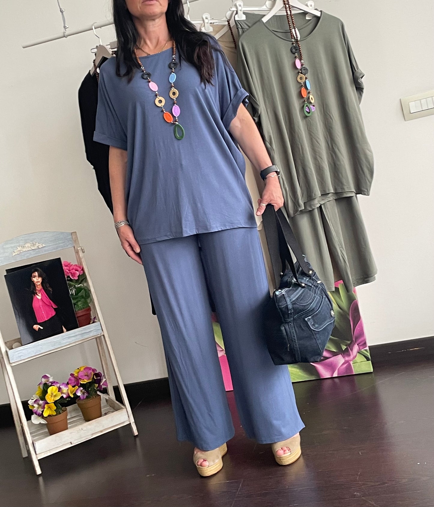 Tuta donna in cotone di viscosa estiva completo maglia girocollo e pantalone a palazzo