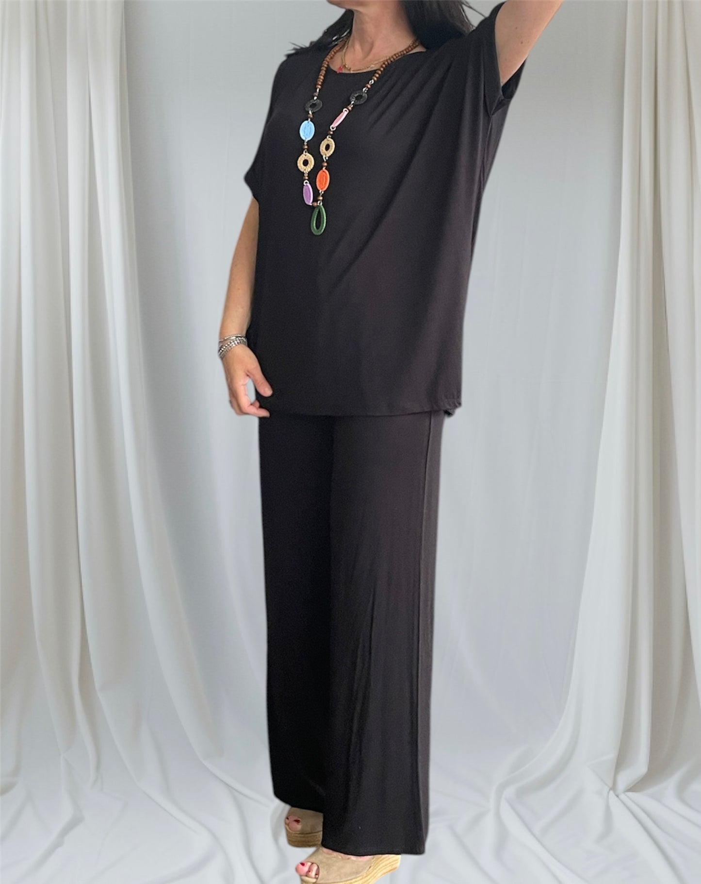 Tuta donna in cotone di viscosa estiva completo maglia girocollo e pantalone a palazzo
