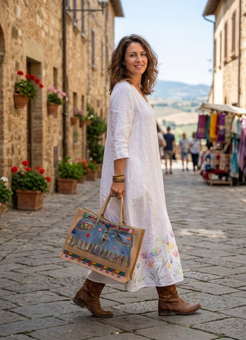 Borsa in Yuta Fatta a Mano con Decorazioni Artigianali – Doppio Manico, Spiaggia e Mare