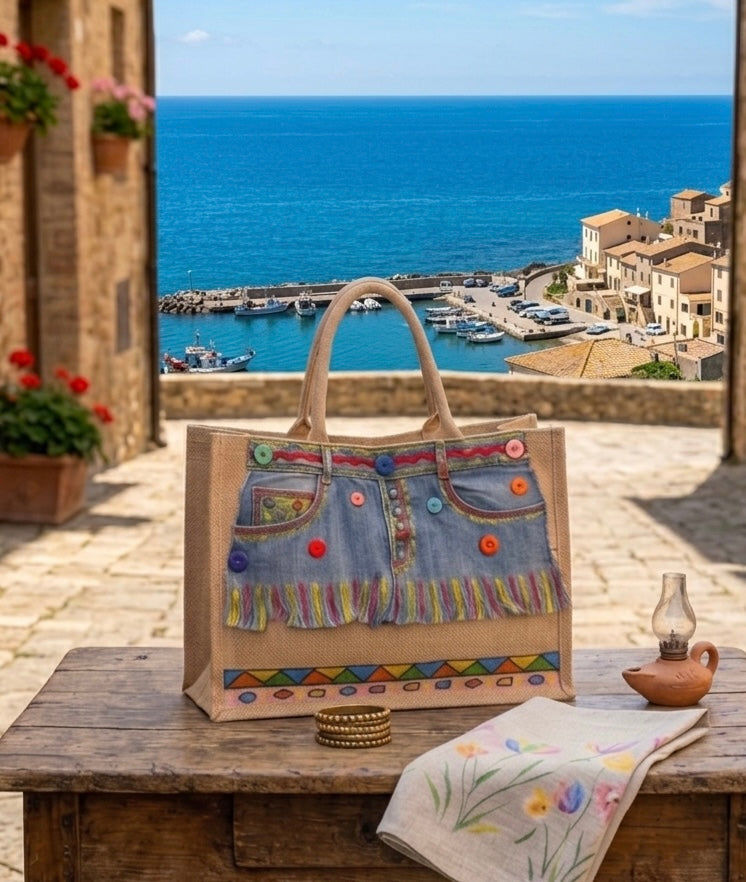 Borsa in Yuta Fatta a Mano con Decorazioni Artigianali – Doppio Manico, Spiaggia e Mare