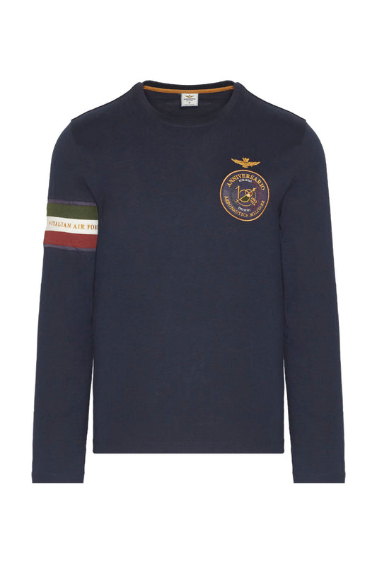 Aeronautica Militare T-shirt Uomo Blu Edizione Centenario, Manica Lunga, girocollo, cotone