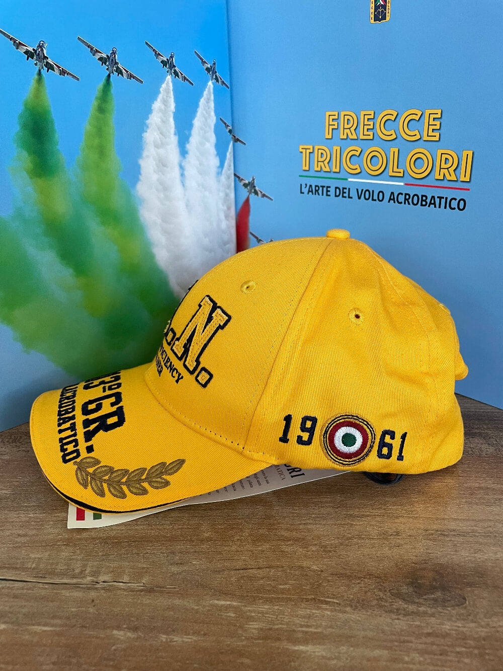 Aeronautica Militare cappello Uomo giallo Frecce Tricolori berretto con visiera, cotone, visiera, regolabile , laterale sinistro