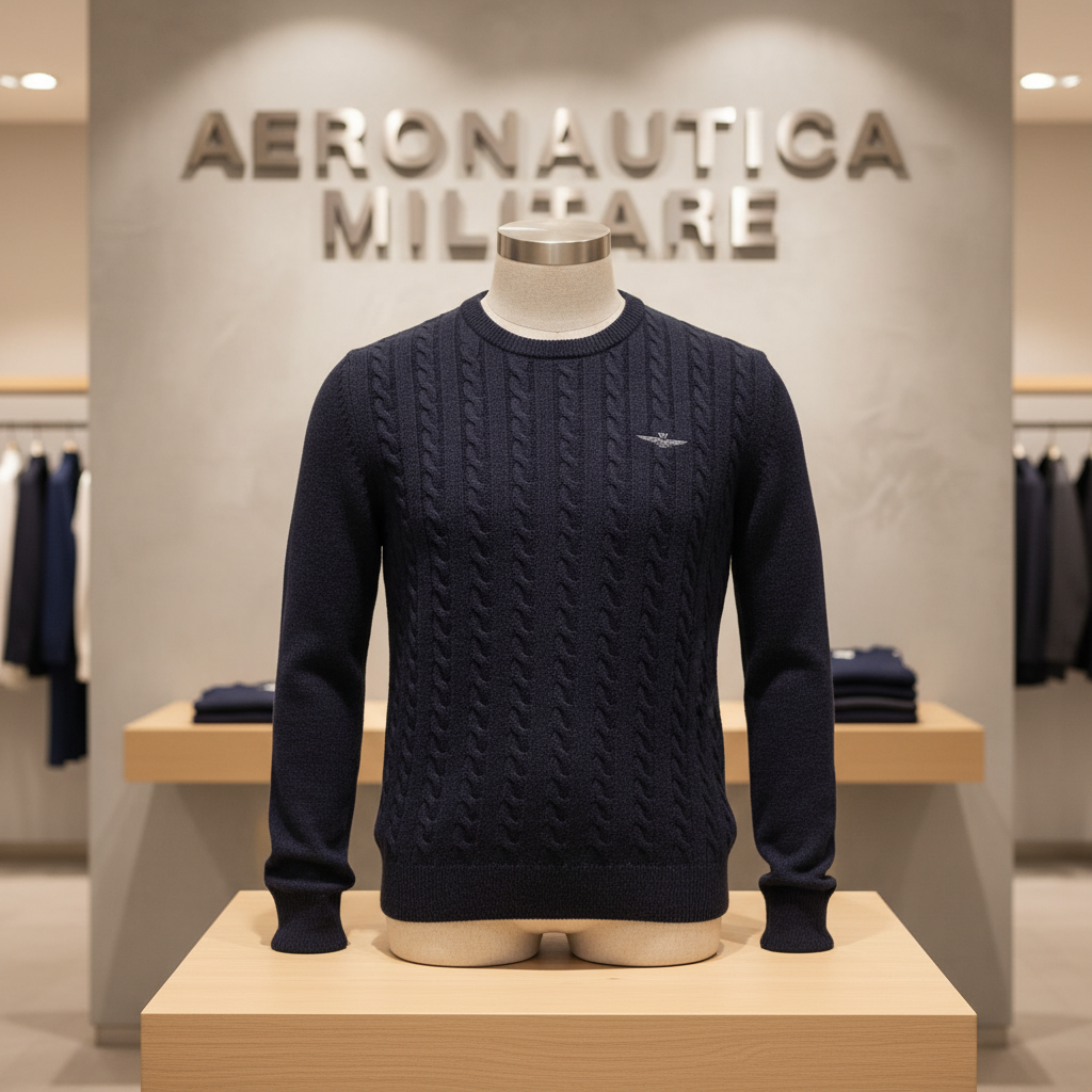 Aeronautica Militare maglia uomo blu in lana girocollo trecce