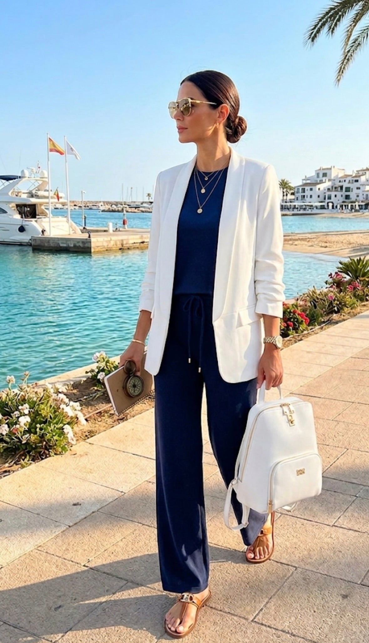 Blazer donna bianco giacca Sfoderata estiva con manica arricciata abbinata a un completo blu 