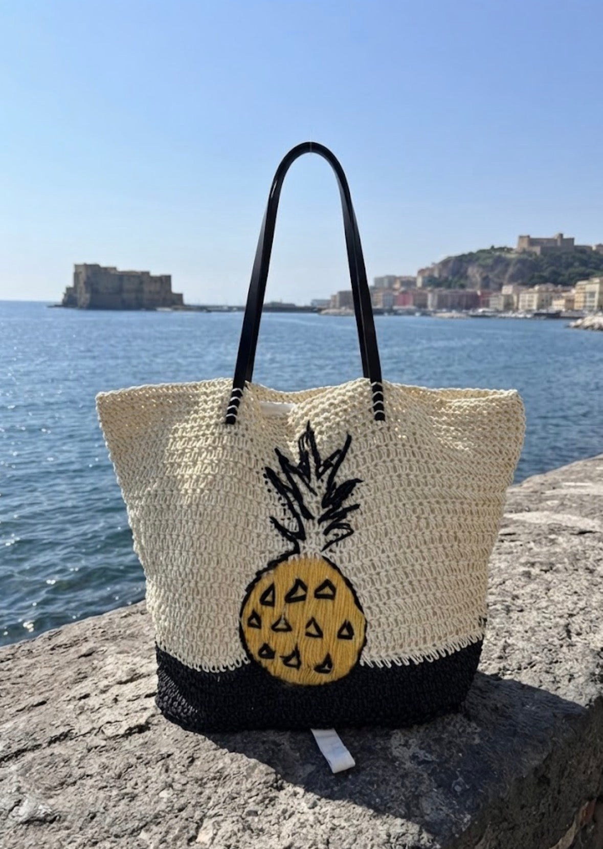 Borsa Donna in Paglia Intrecciata Paez con Ananas Ricamato con doppio manico