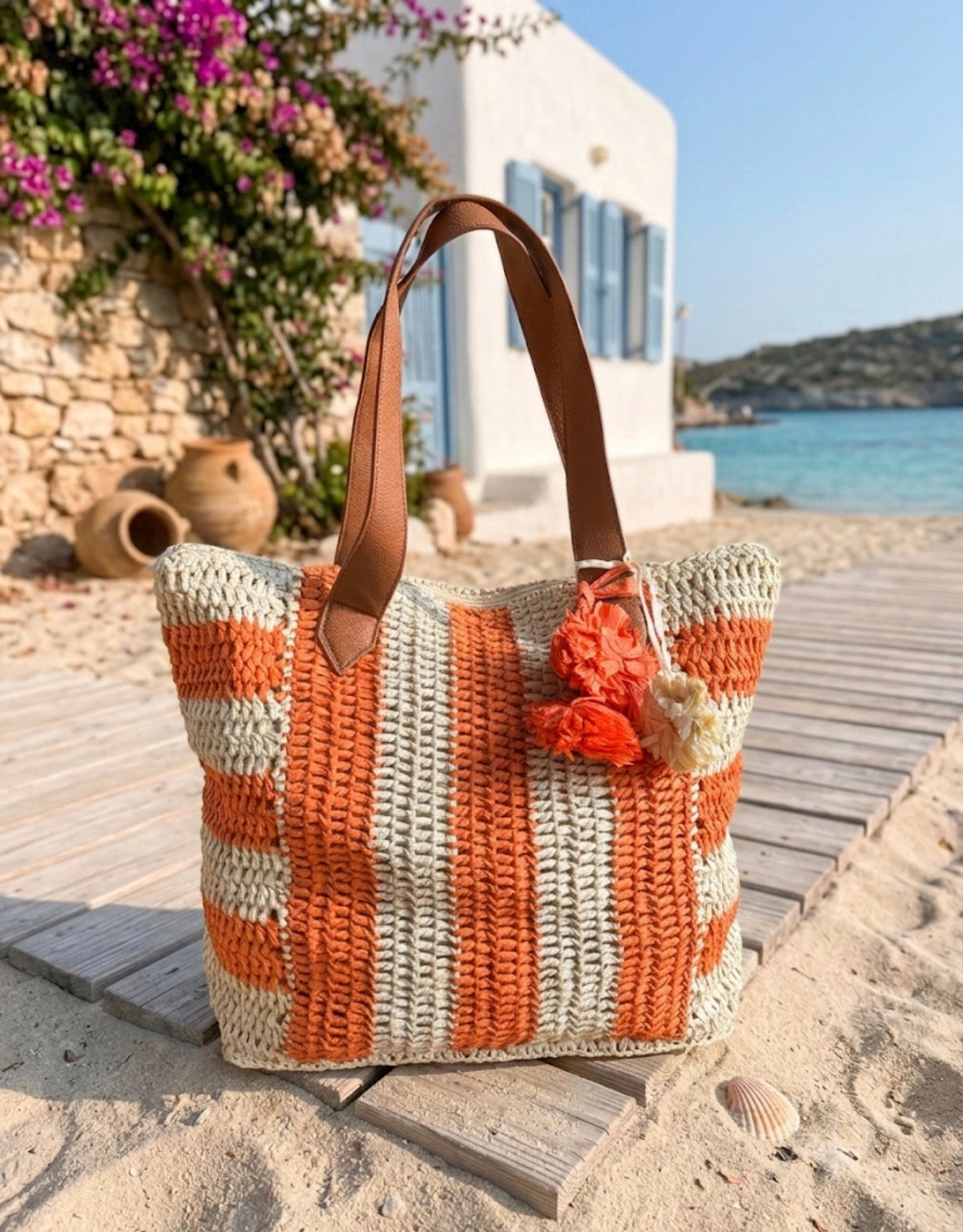 Borsa Mare di Paglia Intrecciata e Rafia a Righe