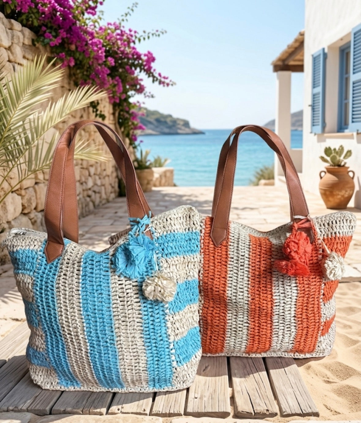 Borsa Mare di Paglia Intrecciata e Rafia a Righe