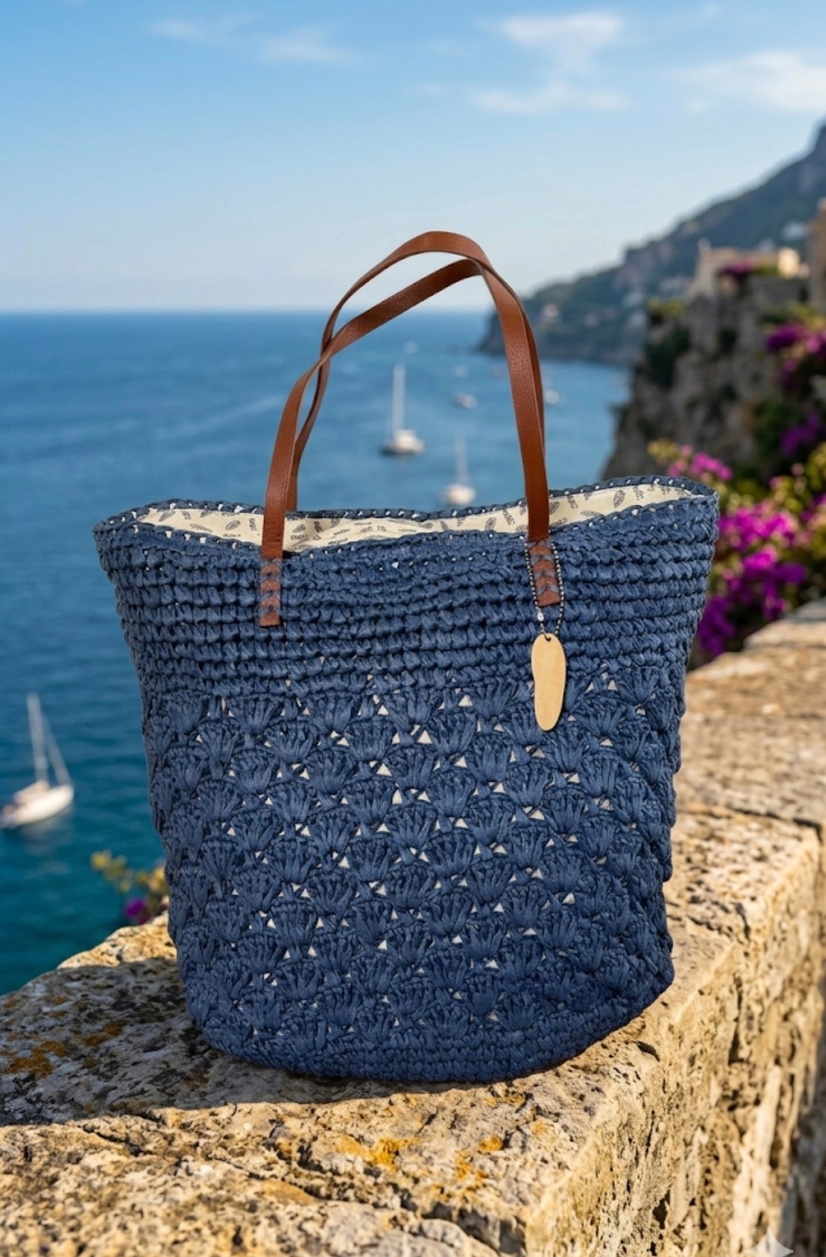 Borsa Mare in Paglia Blu con Cerniera e Fodera Interna