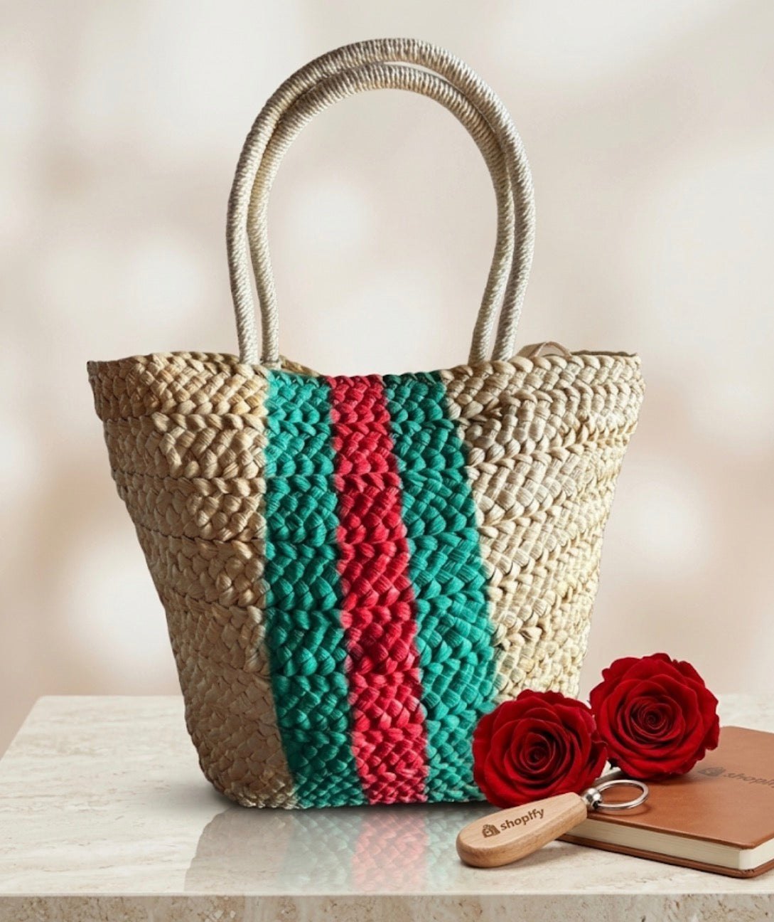 Borsa Mare in Paglia Paez con Fascia Verde e Rossa - 30x33x10 cm