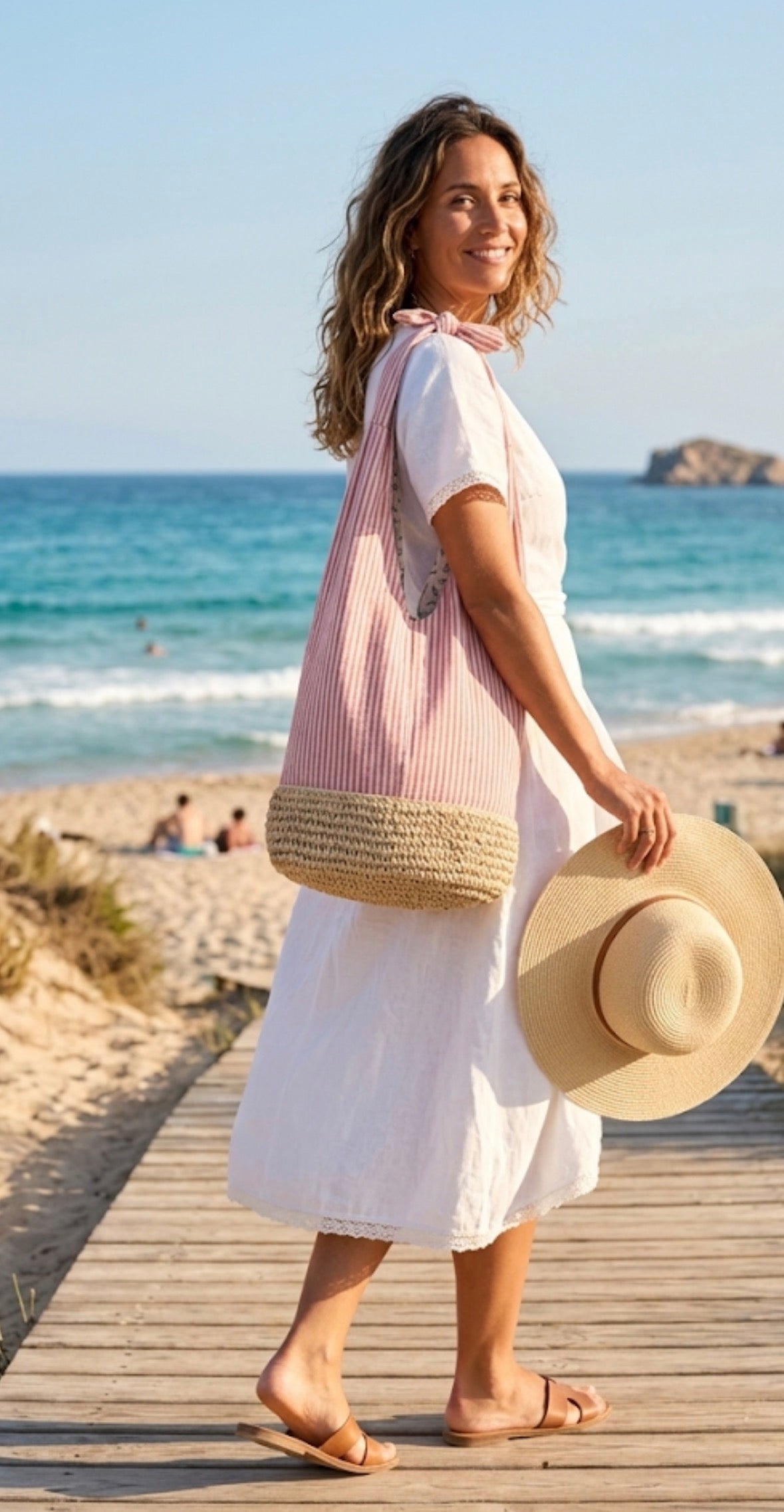 Borsa a Spalla Estiva Paez Righe Rosa e Paglia 