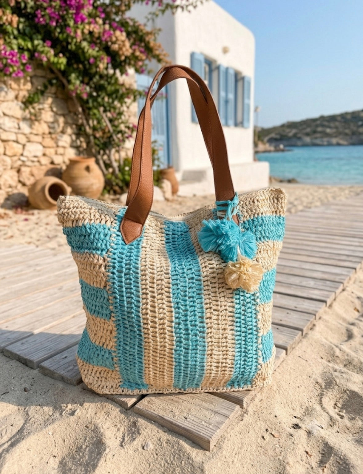 Borsa Mare di Paglia Intrecciata e Rafia a Righe