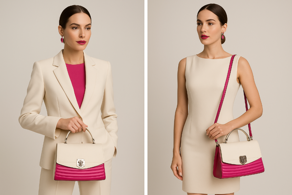 Borsa donna con tracolla e manico Coveri colore panna e fuxia